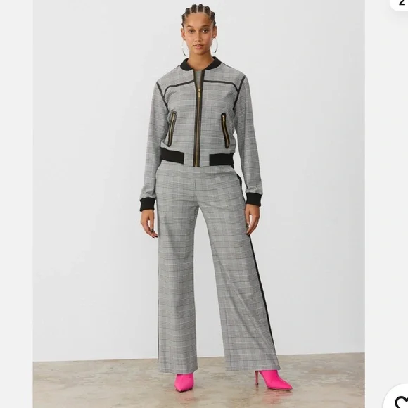 GSTQ - Women's Moto Gray Plaid Bomber Jacket Gray Size 2X